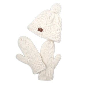 Cable Knit Winter Hat Toque & Mittens Pom Cream Leather Elk Deer Antler Patch